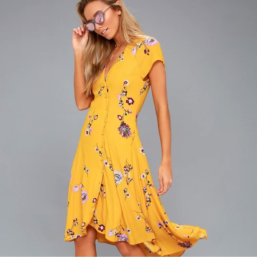 Free People Small Floral Yellow Button-Down Dress